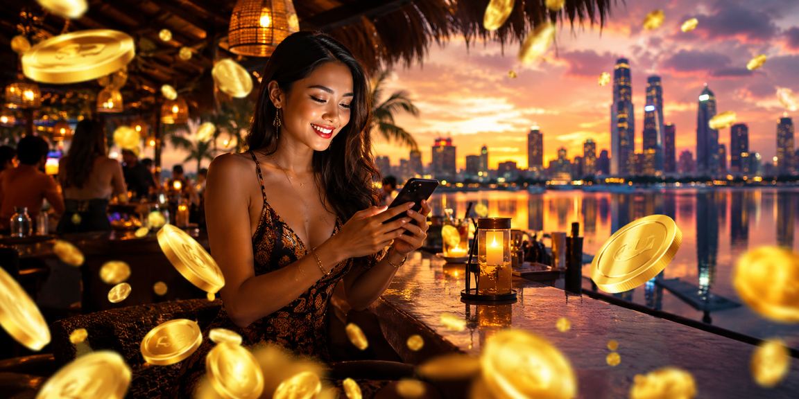 Pengguna menikmati pembayaran e-wallet mudah di pinggir pantai