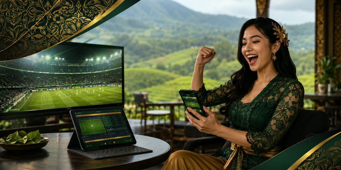 Model wanita menelusuri platform taruhan olahraga di depan layar komputer